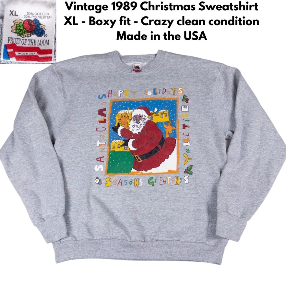 Vintage 80s Christmas Sweatshirt Santa Claus Graphic XL Gray Made USA Fruit Loom